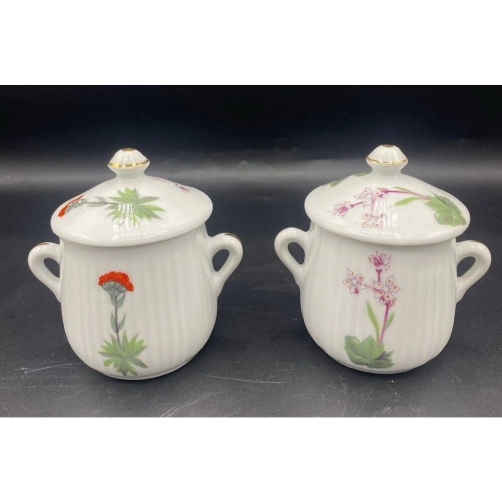 Louis Lourioux Le Faune Pot de Creme Porcelain Jars France Wildflower Set of 2